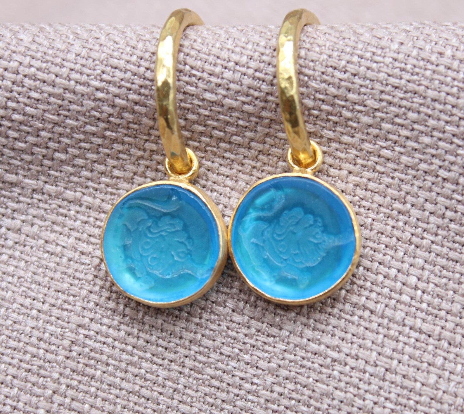 Leo Blue Glass Dangle Earrings in 22K Gold Plated Sterling Silver