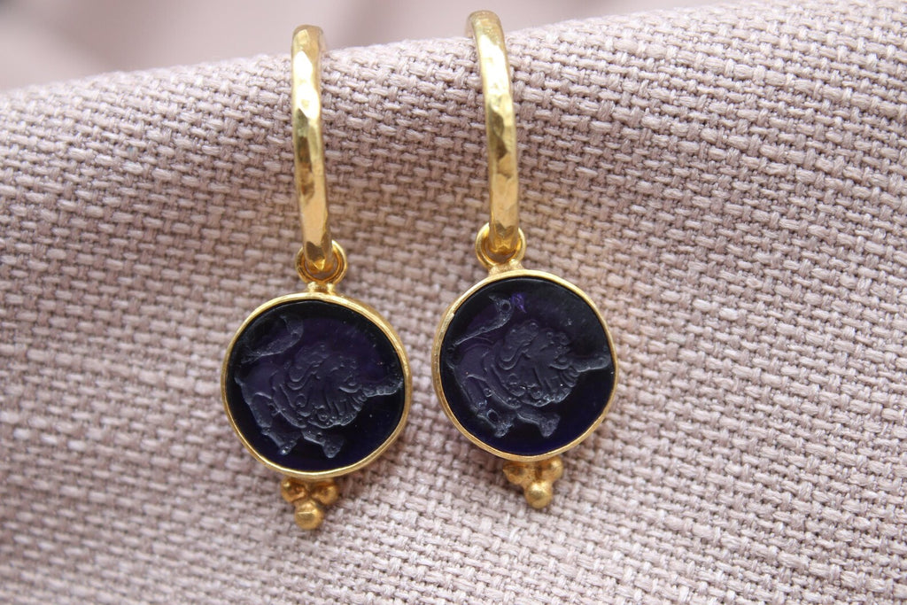 Leo Earrings, Handmade 925 Sterling Silver Jewelry, 22K Gold Plated Earrings, Zodiac Earrings, Lion Sign Earrings, Intaglio Glass Earrings