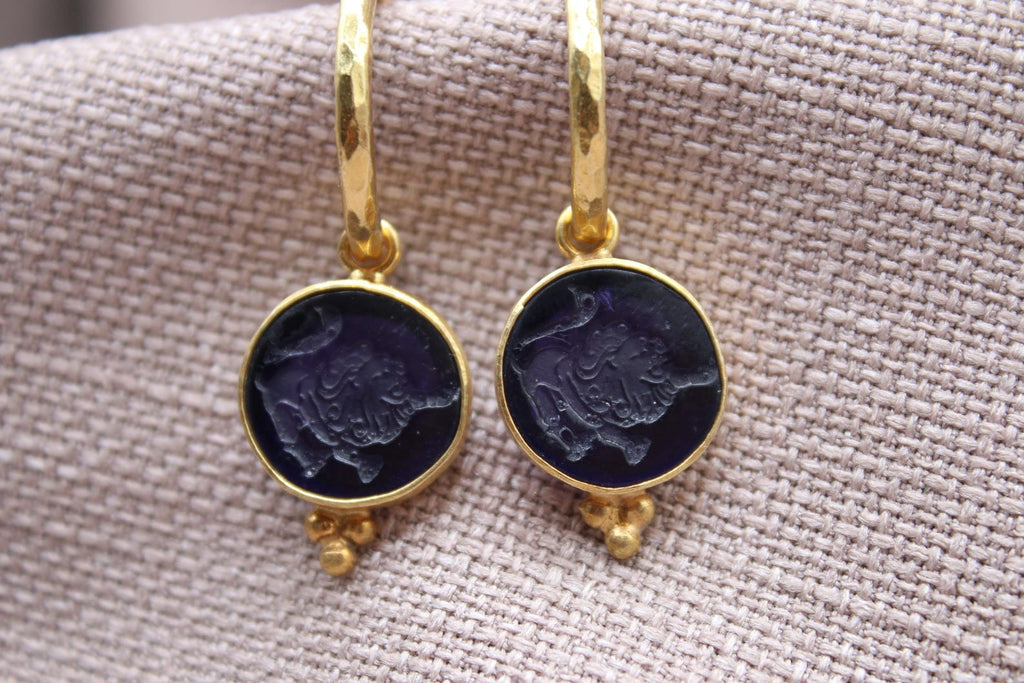 Leo Earrings, Handmade 925 Sterling Silver Jewelry, 22K Gold Plated Earrings, Zodiac Earrings, Lion Sign Earrings, Intaglio Glass Earrings