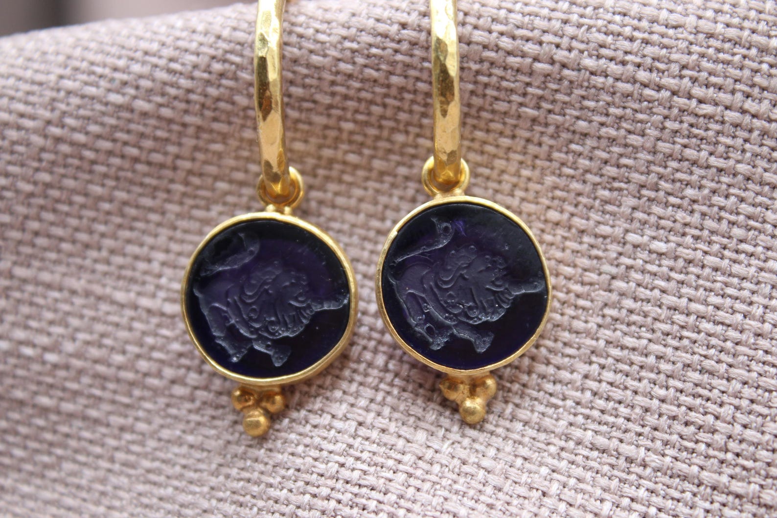 Leo Earrings, Handmade 925 Sterling Silver Jewelry, 22K Gold Plated Earrings, Zodiac Earrings, Lion Sign Earrings, Intaglio Glass Earrings