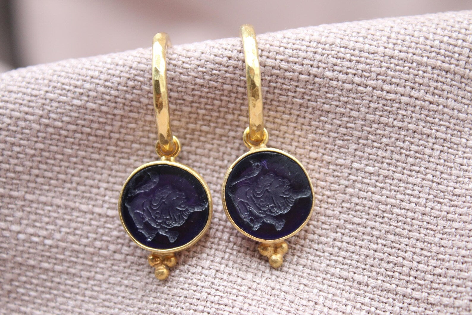 Leo Earrings, Handmade 925 Sterling Silver Jewelry, 22K Gold Plated Earrings, Zodiac Earrings, Lion Sign Earrings, Intaglio Glass Earrings