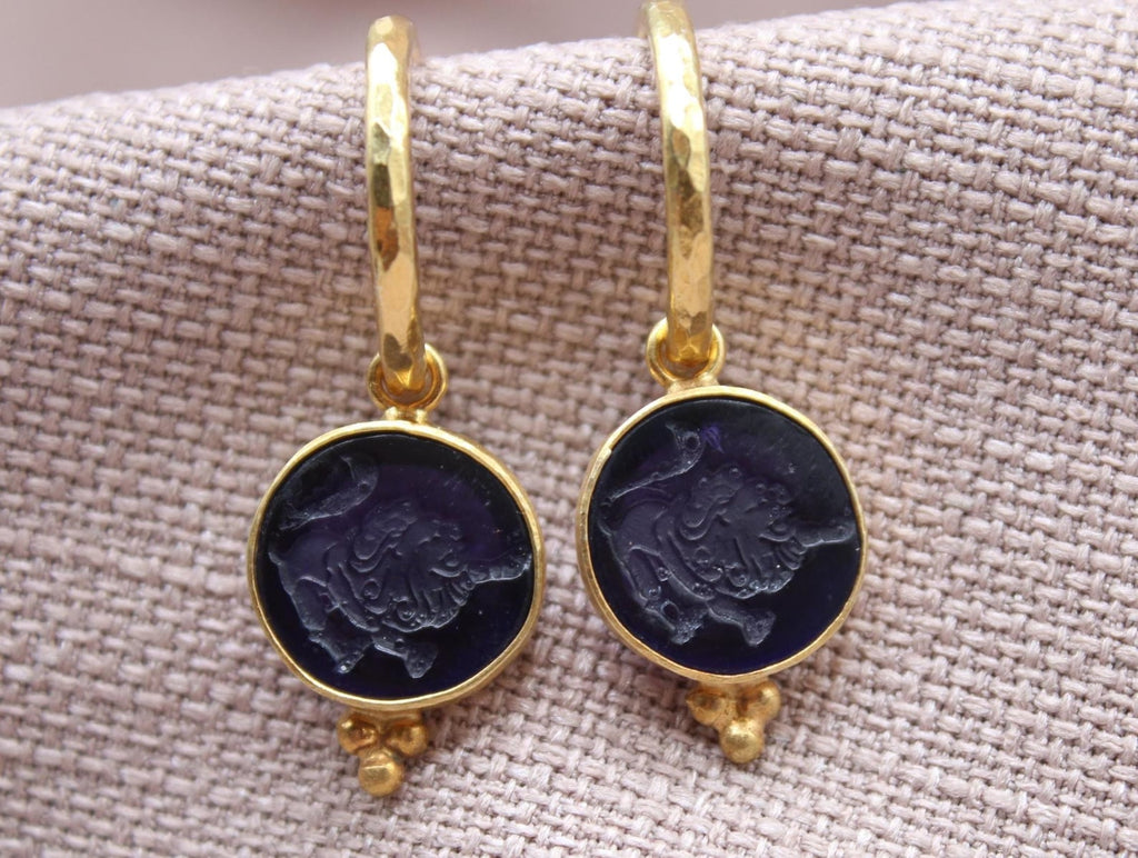 Leo Earrings, Handmade 925 Sterling Silver Jewelry, 22K Gold Plated Earrings, Zodiac Earrings, Lion Sign Earrings, Intaglio Glass Earrings