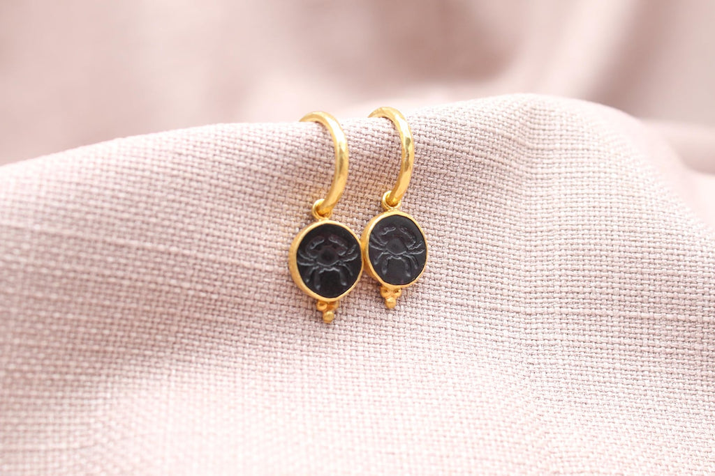 Cancer Zodiac Earrings, Handmade 925 Sterling Silver Jewelry, 22K Gold Plated Earrings, Crab Earrings, Astrology Earrings, Intaglio Earrings