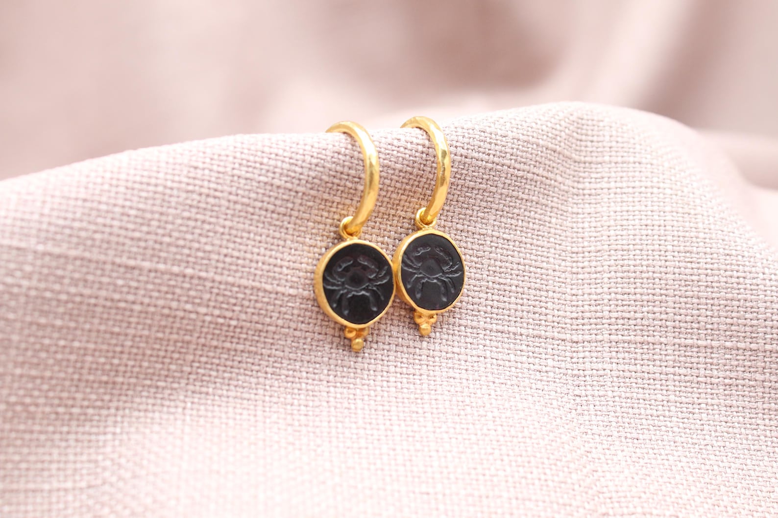 Cancer Zodiac Earrings, Handmade 925 Sterling Silver Jewelry, 22K Gold Plated Earrings, Crab Earrings, Astrology Earrings, Intaglio Earrings