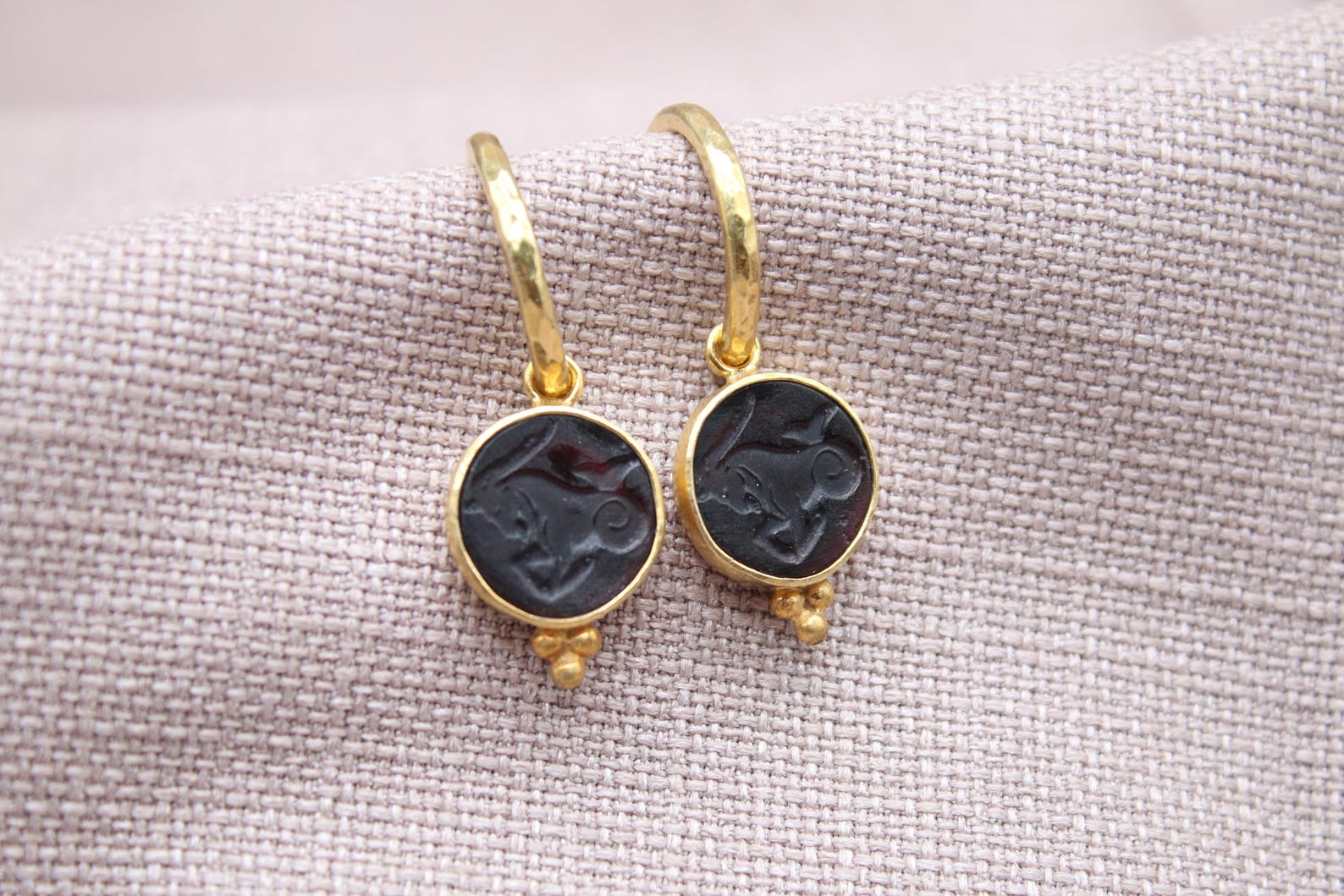 Capricorn Intaglio Glass Earrings Handmade 925 Sterling Silver 22K Gold Plated