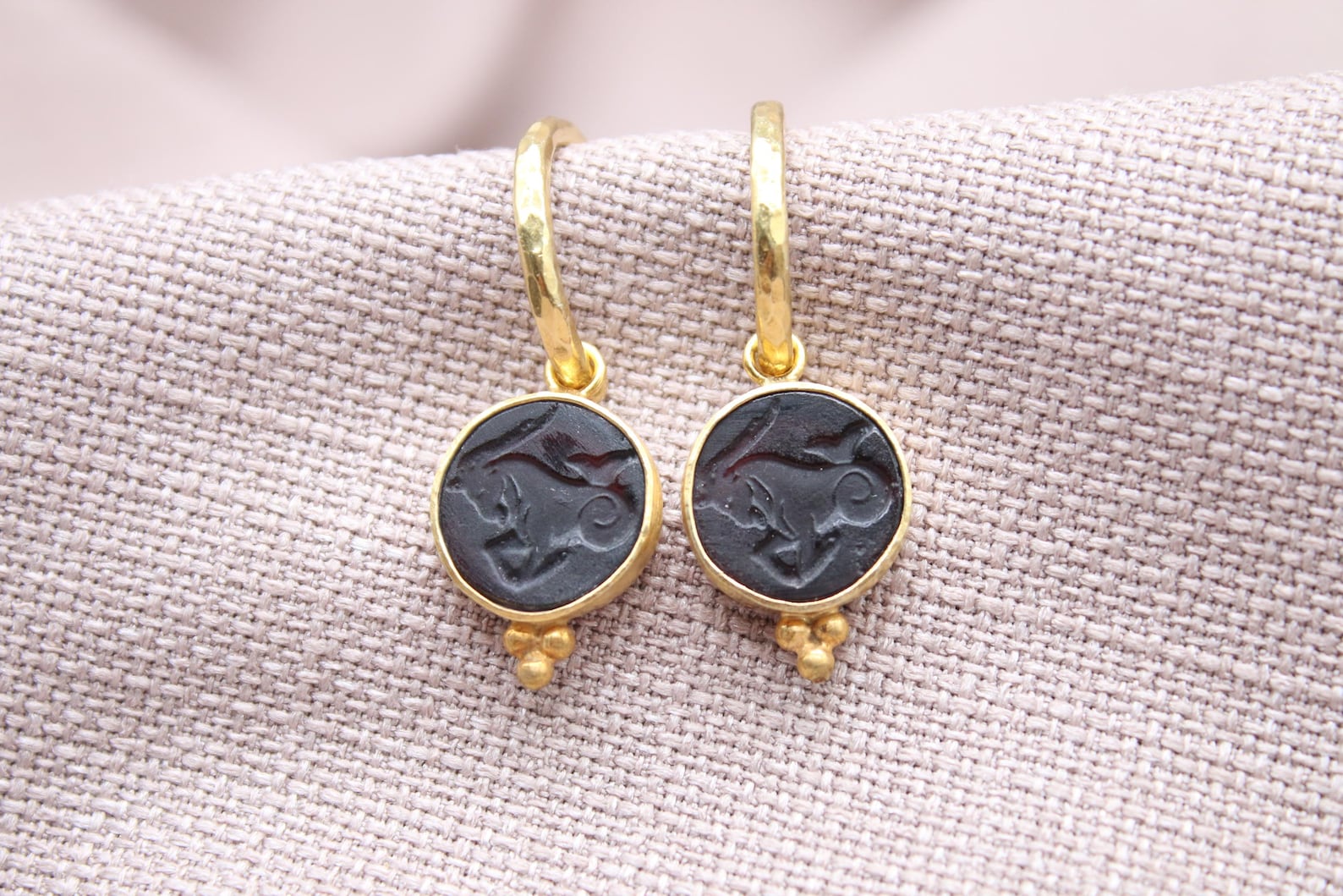 Capricorn Intaglio Glass Earrings Handmade 925 Sterling Silver 22K Gold Plated