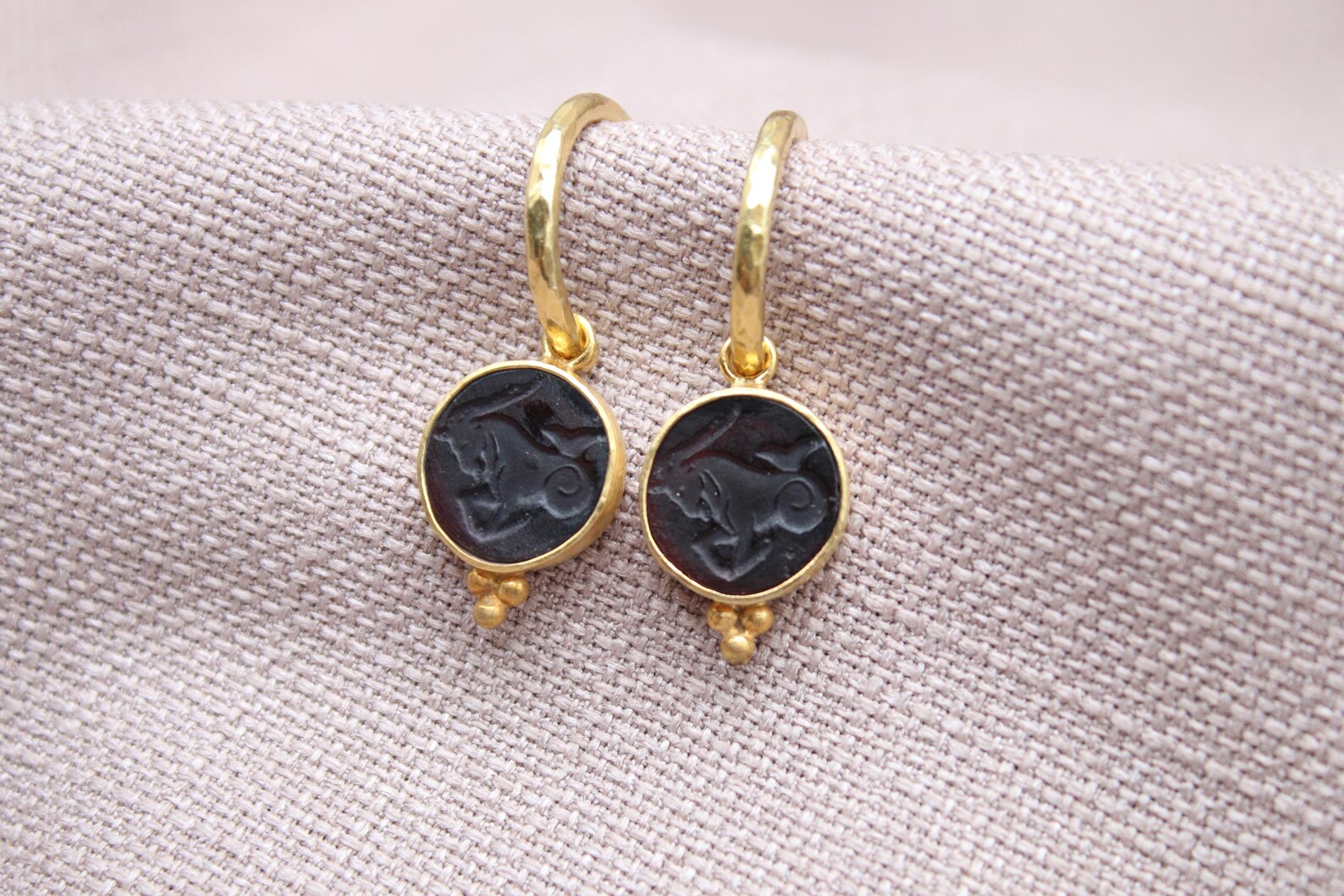 Capricorn Intaglio Glass Earrings Handmade 925 Sterling Silver 22K Gold Plated