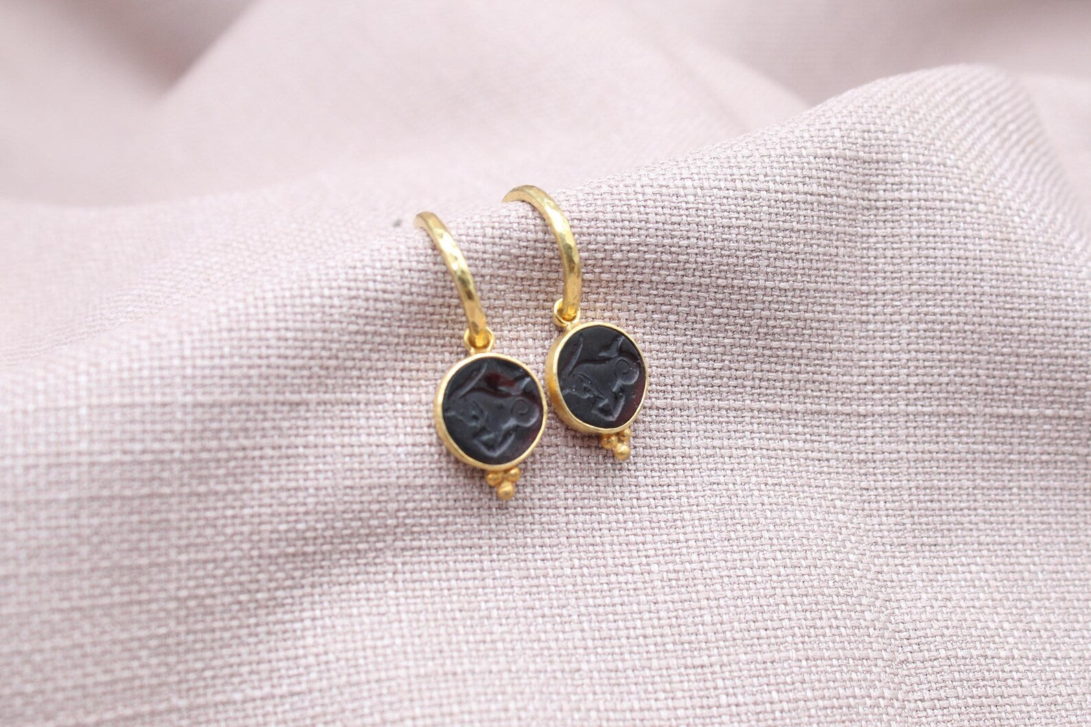 Capricorn Intaglio Glass Earrings Handmade 925 Sterling Silver 22K Gold Plated