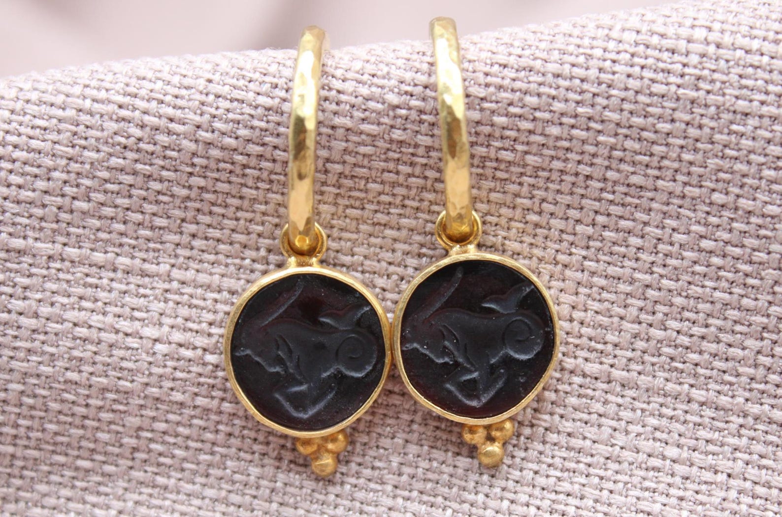 Capricorn Intaglio Glass Earrings Handmade 925 Sterling Silver 22K Gold Plated