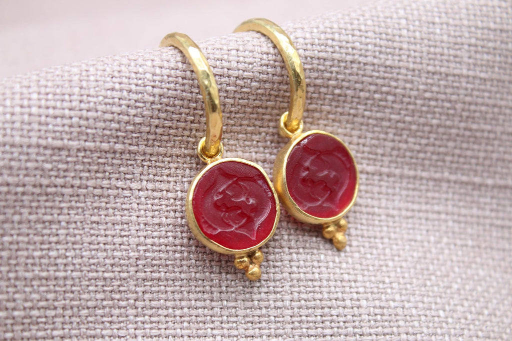 Pisces Intaglio Glass Hoop Earrings 22k Gold Plated 925 Sterling Silver Handmade