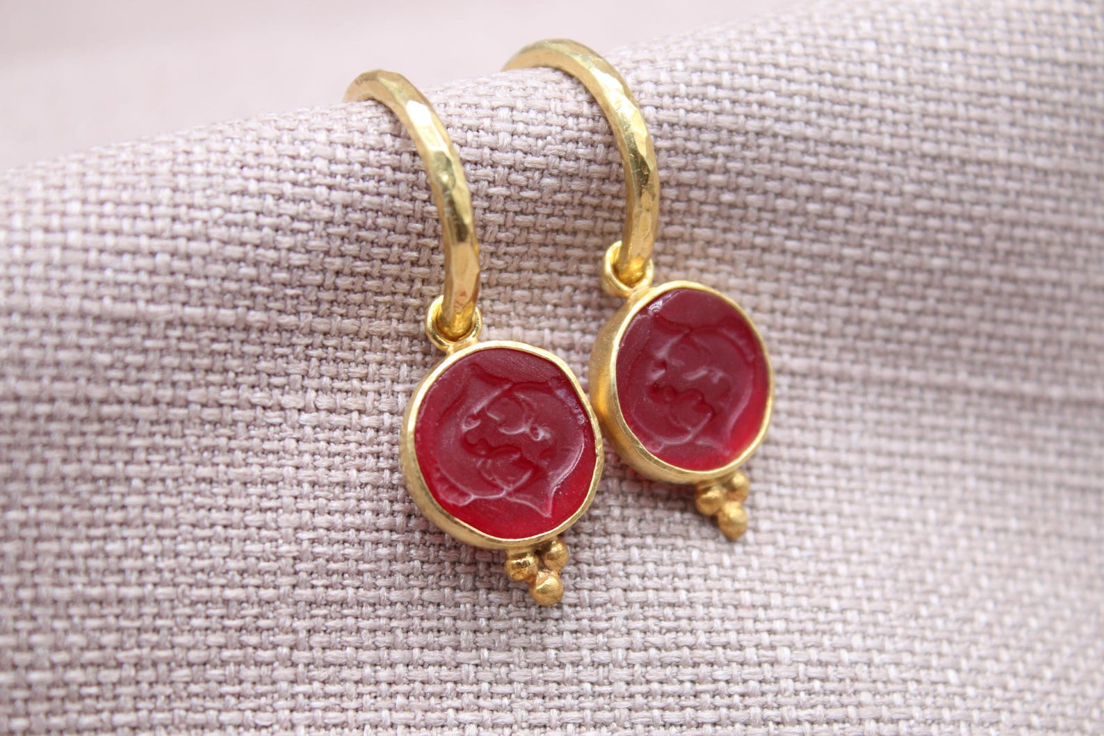 Pisces Intaglio Glass Hoop Earrings 22k Gold Plated 925 Sterling Silver Handmade