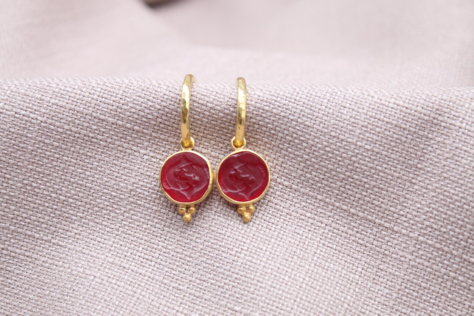 Pisces Intaglio Glass Hoop Earrings 22k Gold Plated 925 Sterling Silver Handmade