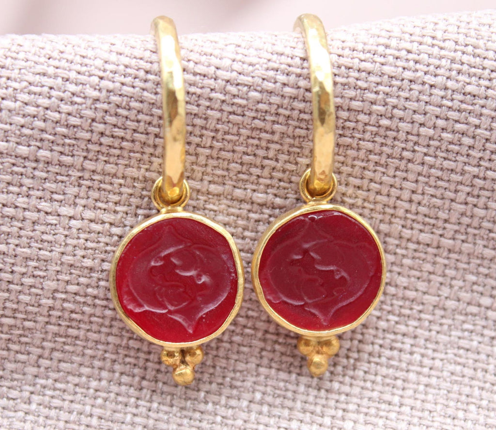 Pisces Intaglio Glass Hoop Earrings 22k Gold Plated 925 Sterling Silver Handmade