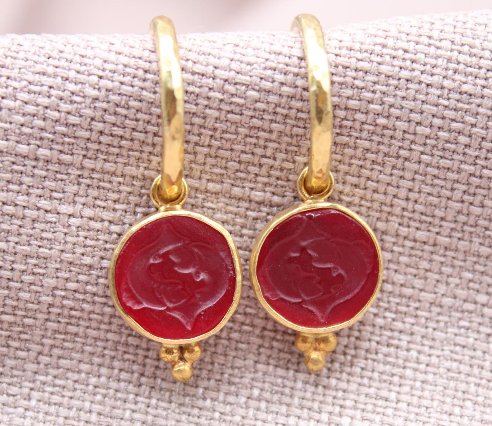 Pisces Intaglio Glass Hoop Earrings 22k Gold Plated 925 Sterling Silver Handmade