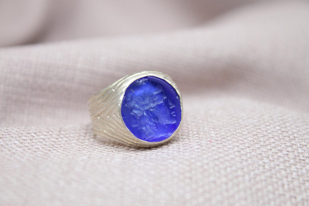 Blue Intaglio Glass Signet Ring Sterling Silver Handmade Artisan Statement Ring