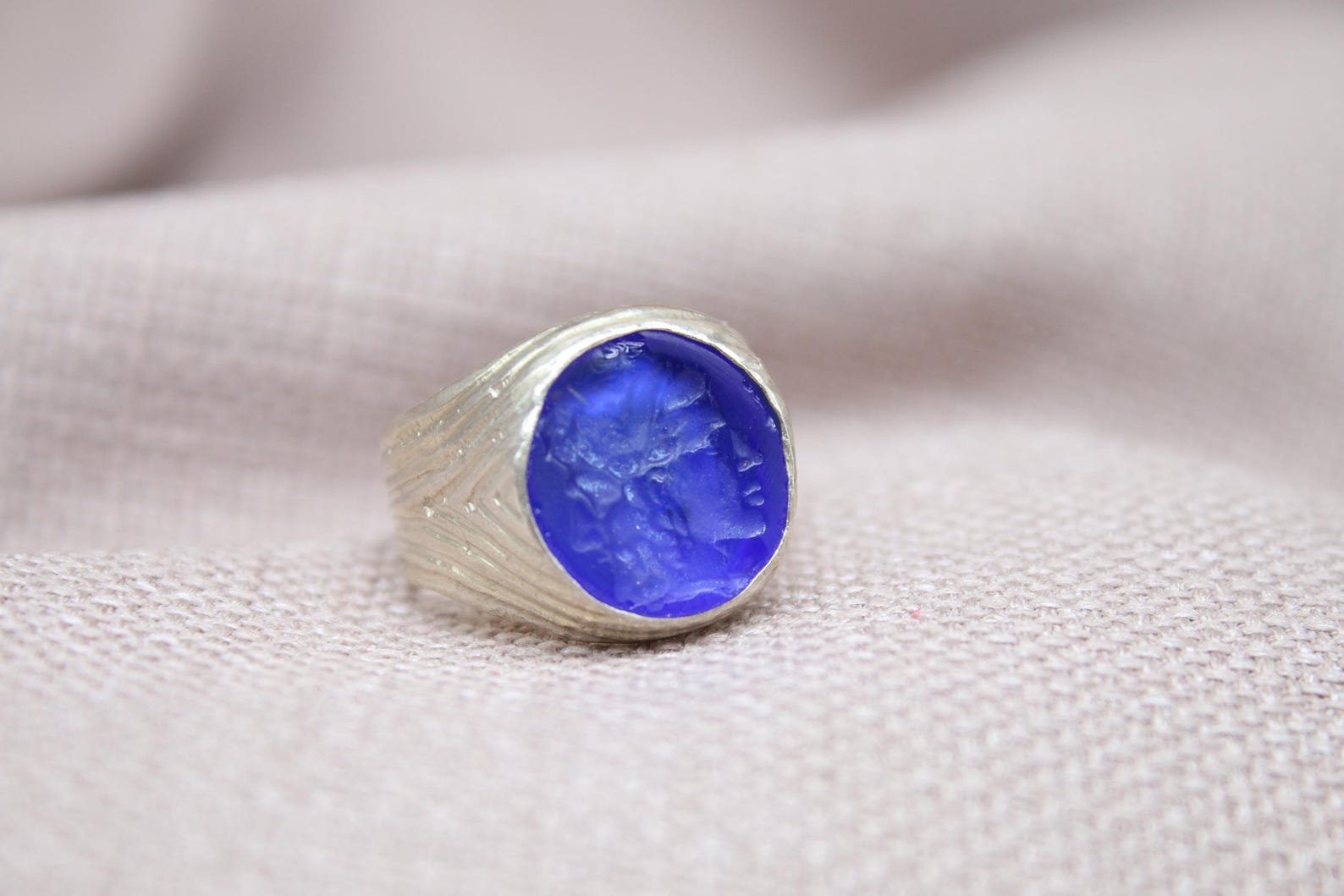 Blue Intaglio Glass Signet Ring Sterling Silver Handmade Artisan Statement Ring