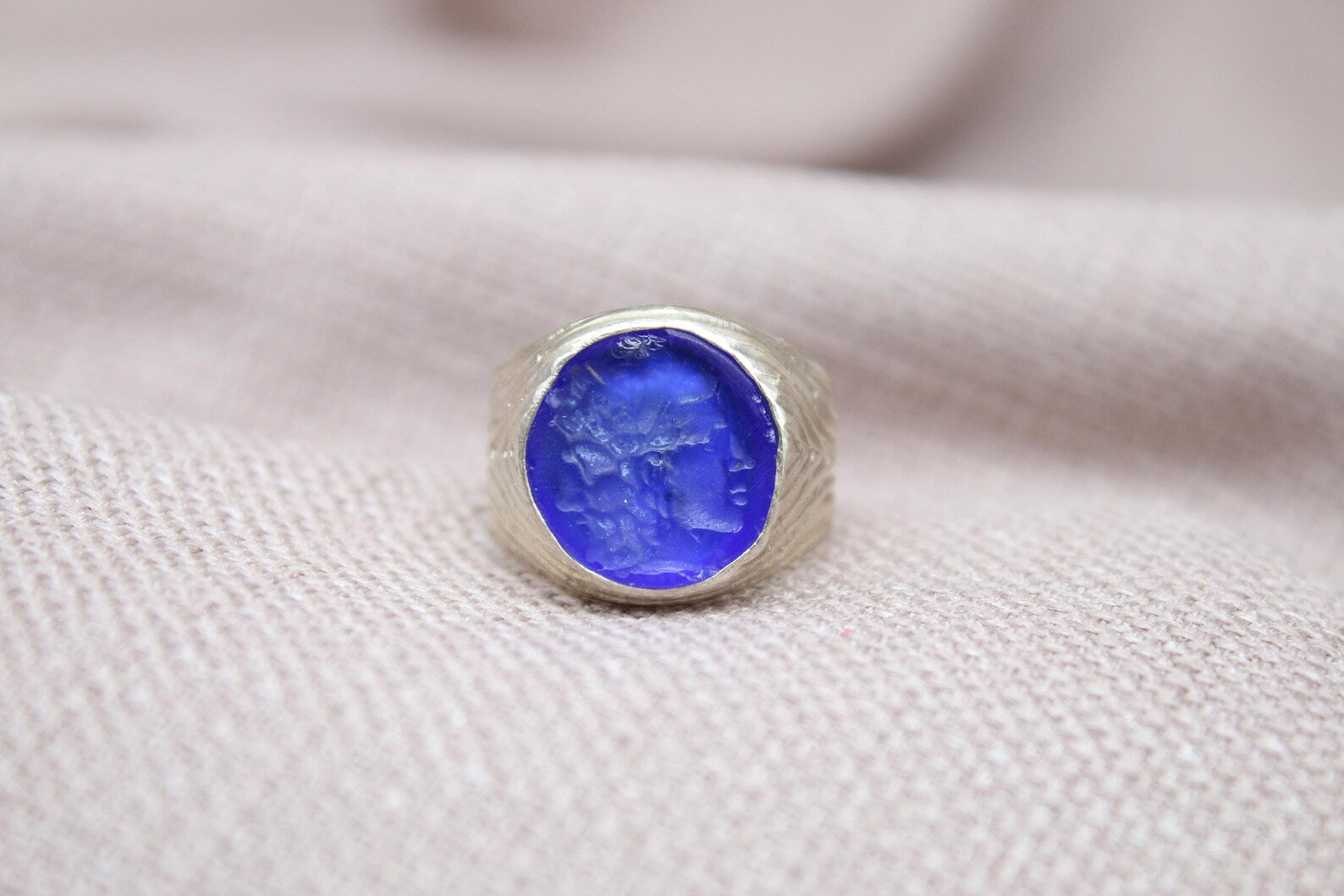 Blue Intaglio Glass Signet Ring Sterling Silver Handmade Artisan Statement Ring