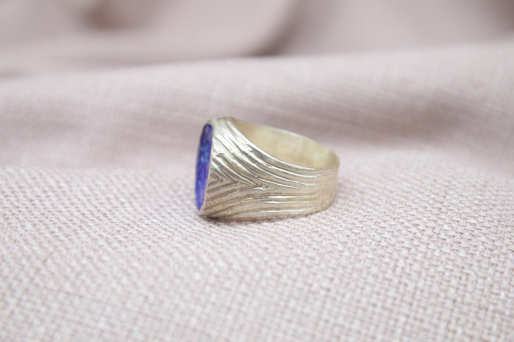 Blue Intaglio Glass Signet Ring Sterling Silver Handmade Artisan Statement Ring