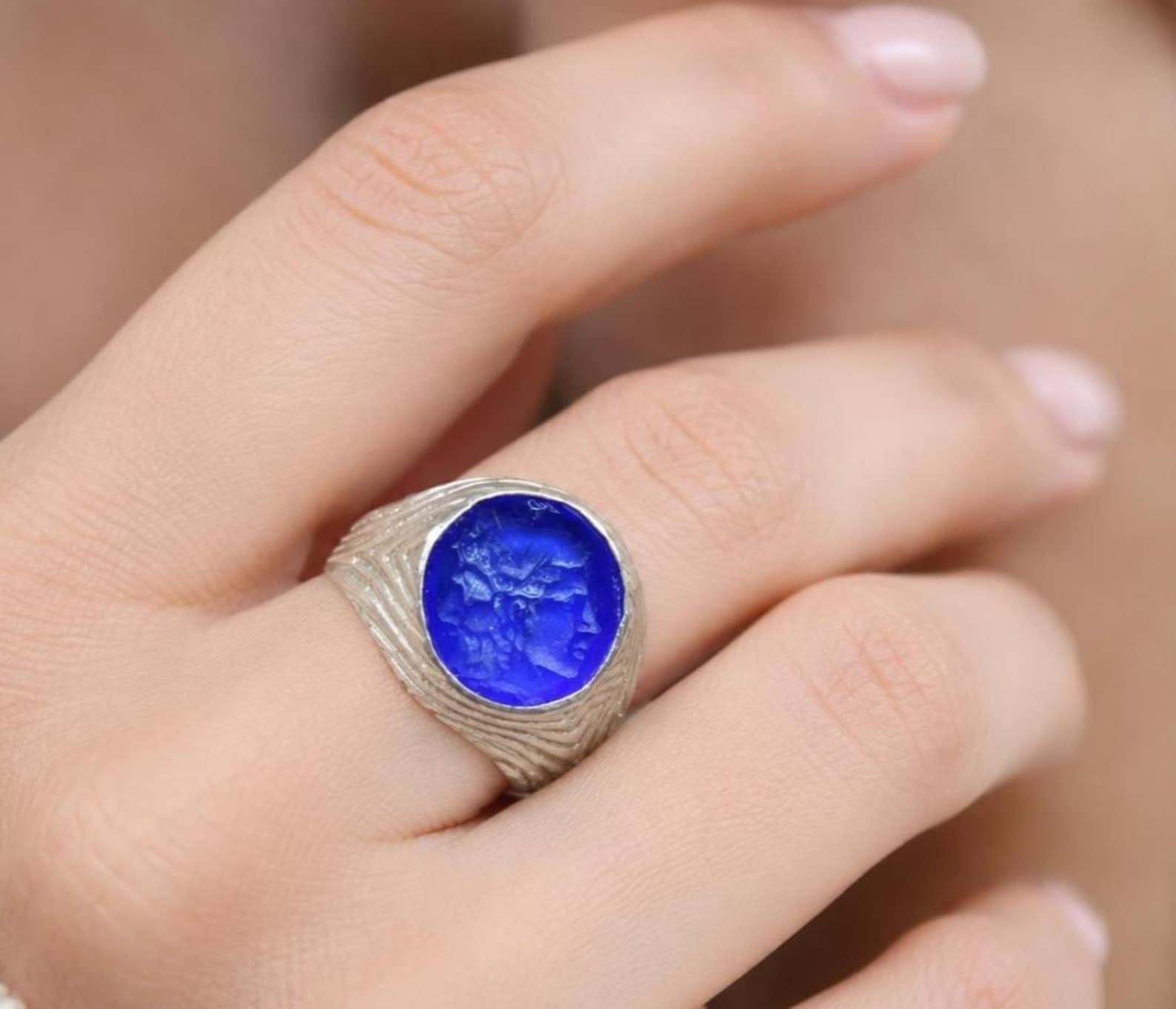 Blue Intaglio Glass Signet Ring Sterling Silver Handmade Artisan Statement Ring