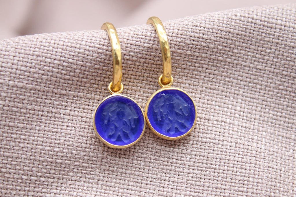 Gemini Zodiac Hoop Earrings, Blue Glass Intaglio 22K Gold Plated Silver Jewelry