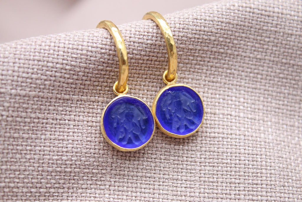 Gemini Zodiac Hoop Earrings, Blue Glass Intaglio 22K Gold Plated Silver Jewelry