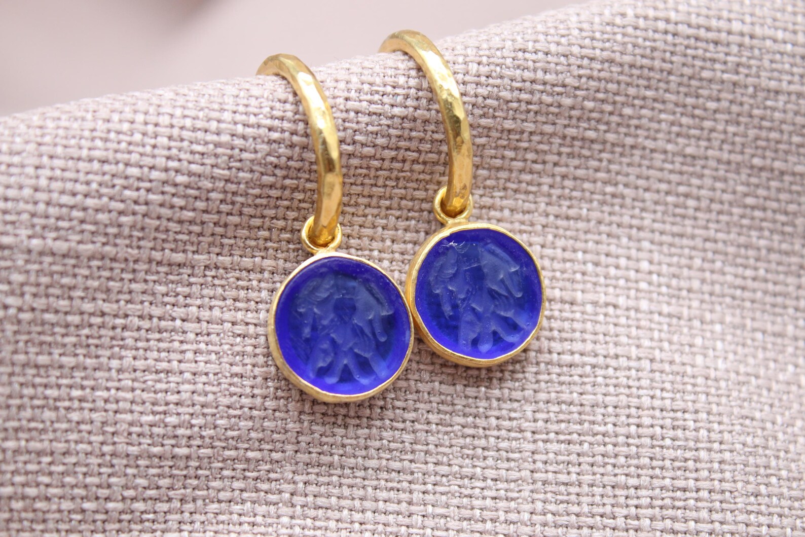 Gemini Zodiac Hoop Earrings, Blue Glass Intaglio 22K Gold Plated Silver Jewelry