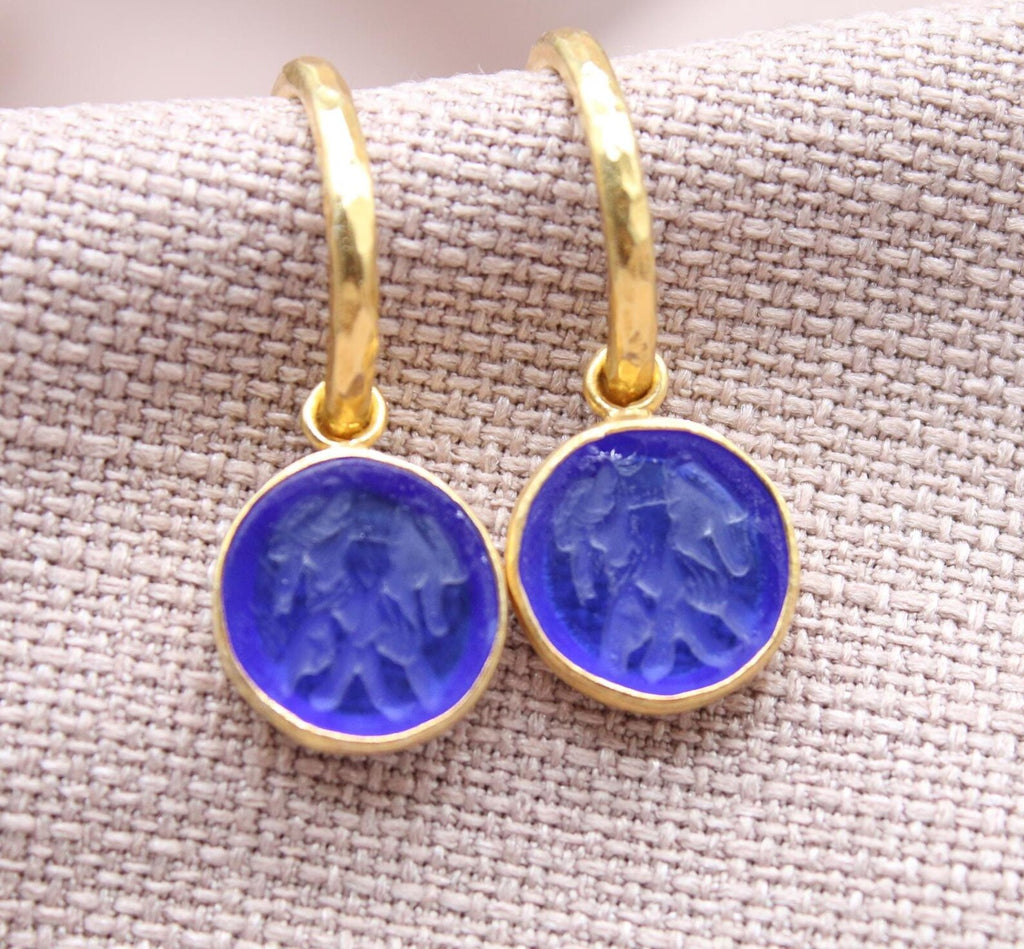 Gemini Zodiac Hoop Earrings, Blue Glass Intaglio 22K Gold Plated Silver Jewelry