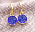 Gemini Zodiac Hoop Earrings, Blue Glass Intaglio 22K Gold Plated Silver Jewelry