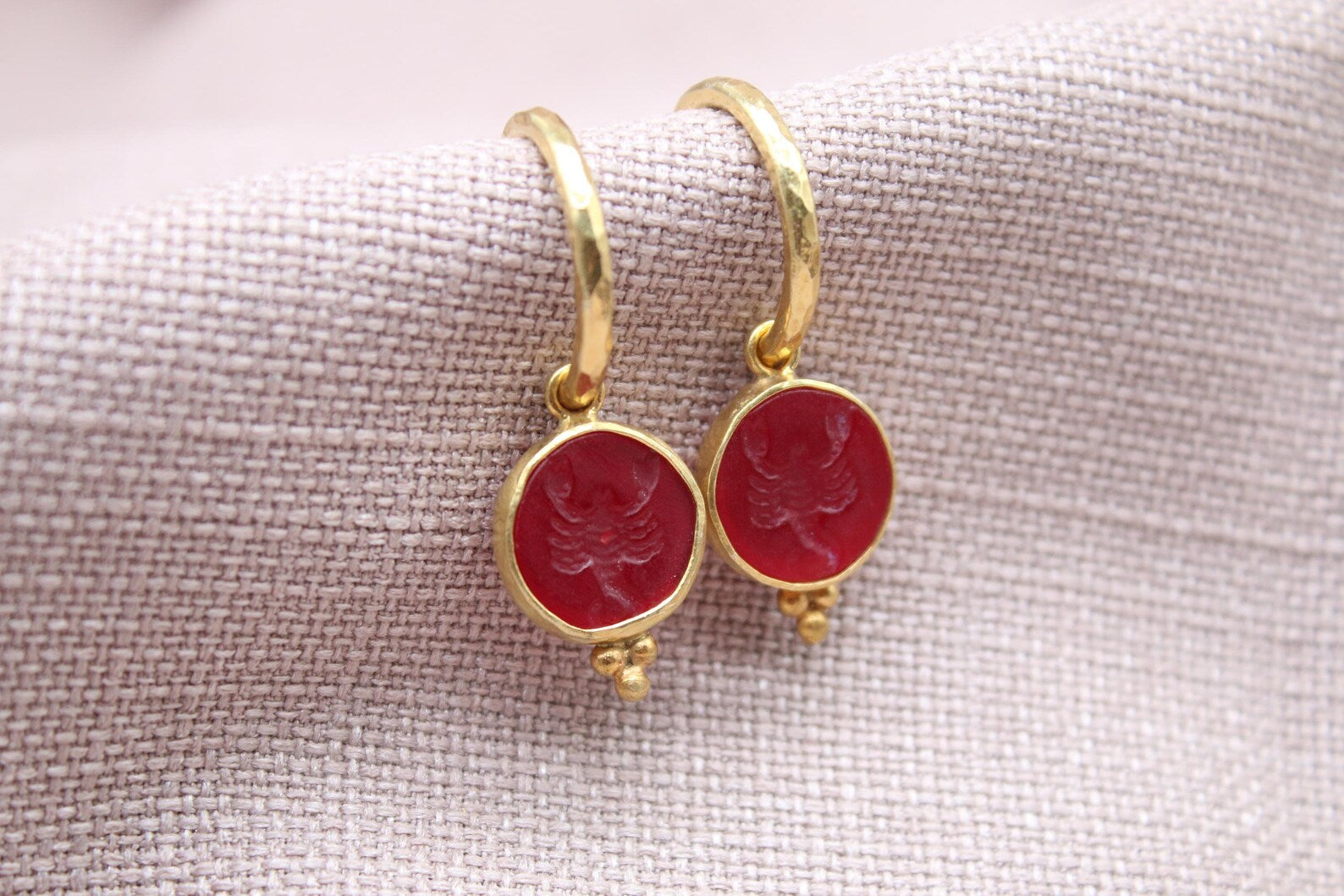 Red Intaglio Scorpio Earrings Gold Plated Sterling Silver Zodiac Hoop Earrings