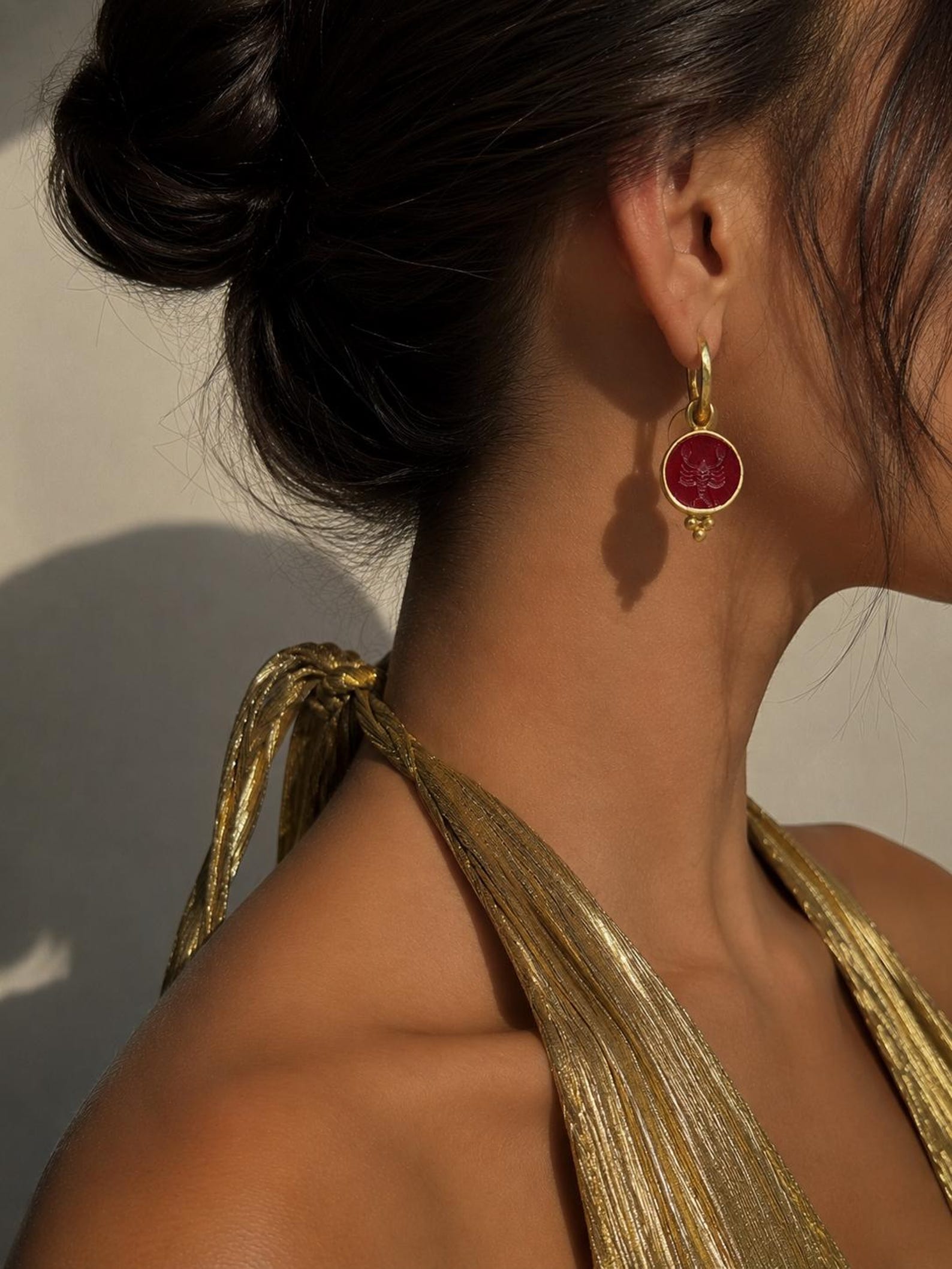 Red Intaglio Scorpio Earrings Gold Plated Sterling Silver Zodiac Hoop Earrings