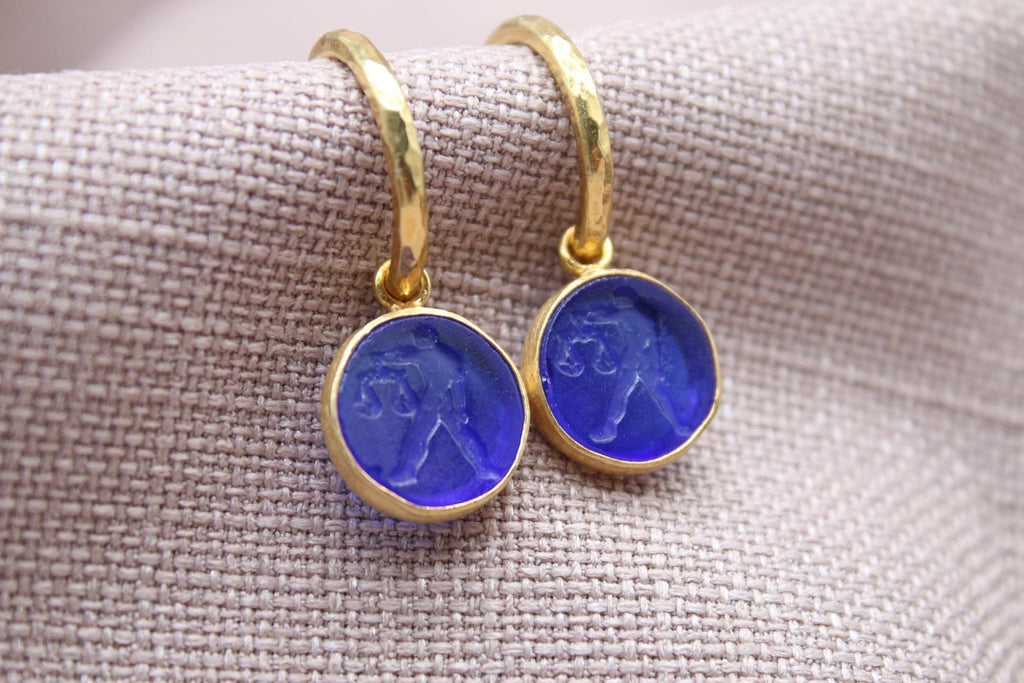 Libra Intaglio Glass Earrings in 22k Gold Plated Sterling Silver