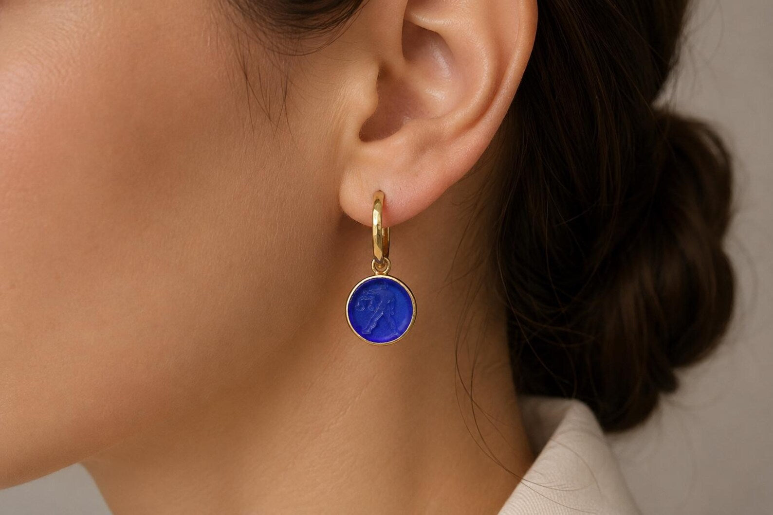 Libra Intaglio Glass Earrings in 22k Gold Plated Sterling Silver