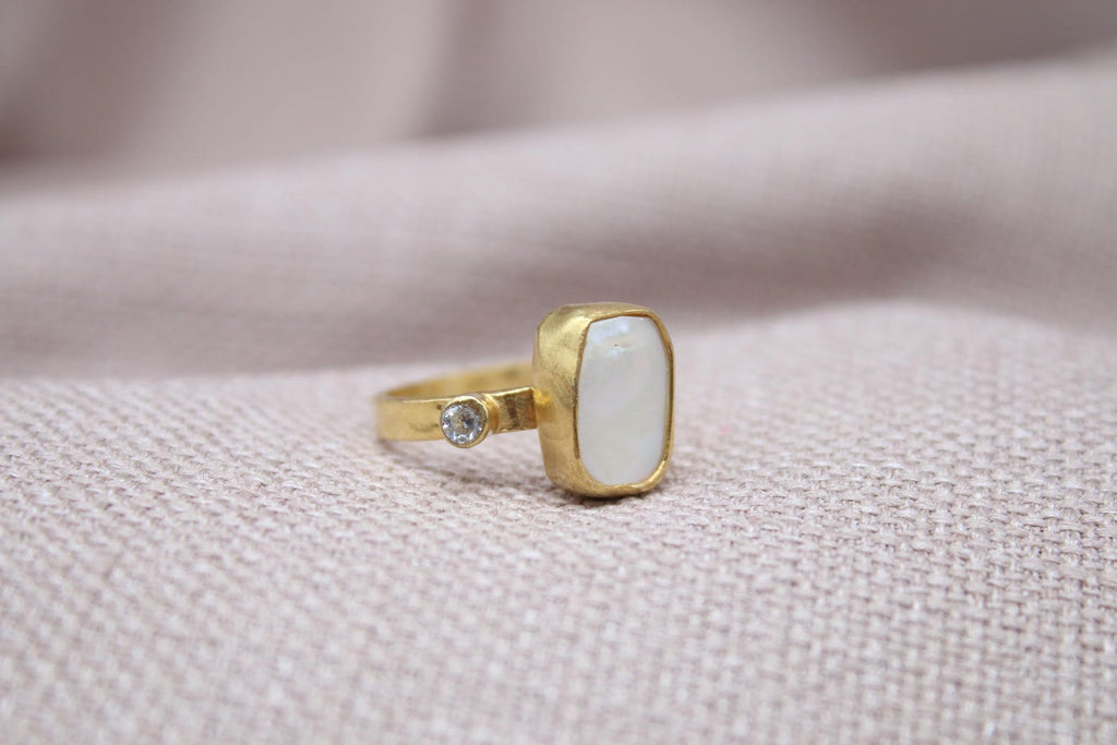 Pearl White Topaz Statement Ring 22k Gold Plated 925 Sterling Silver Handmade