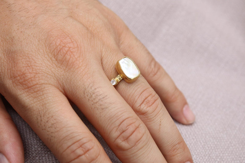 Pearl White Topaz Statement Ring 22k Gold Plated 925 Sterling Silver Handmade