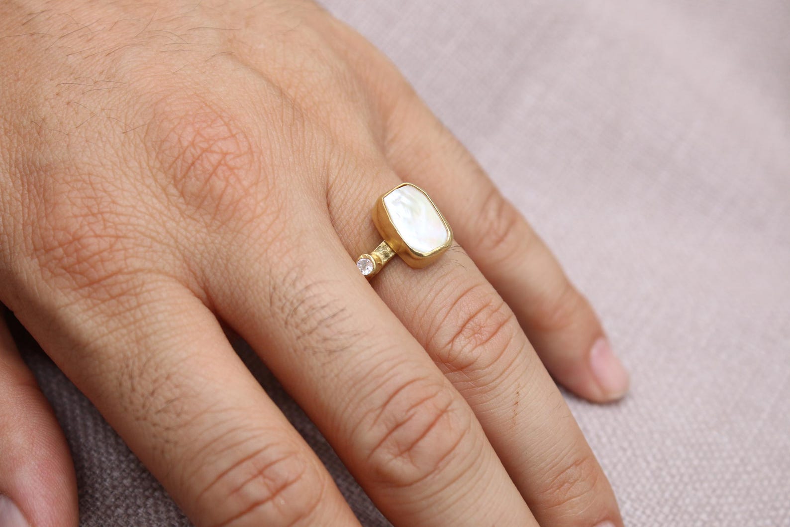 Pearl White Topaz Statement Ring 22k Gold Plated 925 Sterling Silver Handmade