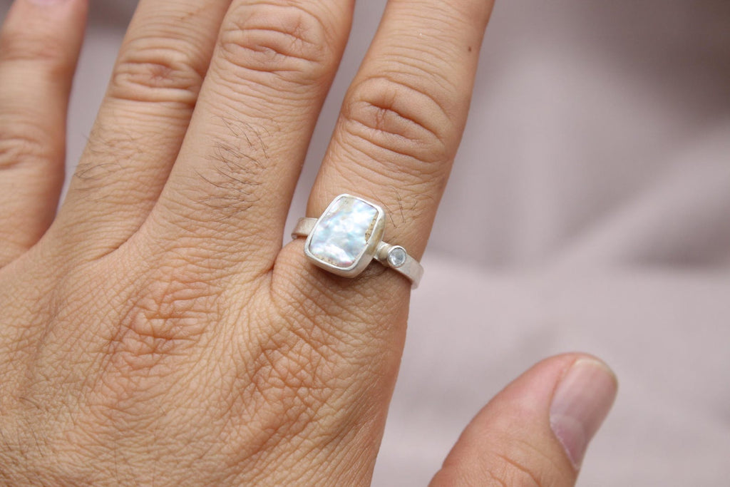 Pearl White Topaz Statement Ring 22k Gold Plated 925 Sterling Silver Handmade