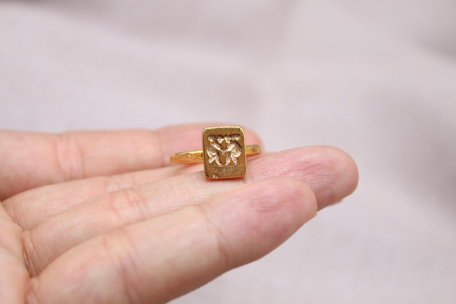Winged Angel Coin Open Ring 22k Gold Plated 925 Sterling Silver Handmade