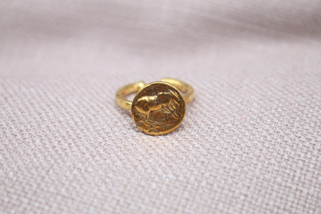 Horse Coin Open Ring 22k Gold Plated 925 Sterling Silver Handmade Statement Ring