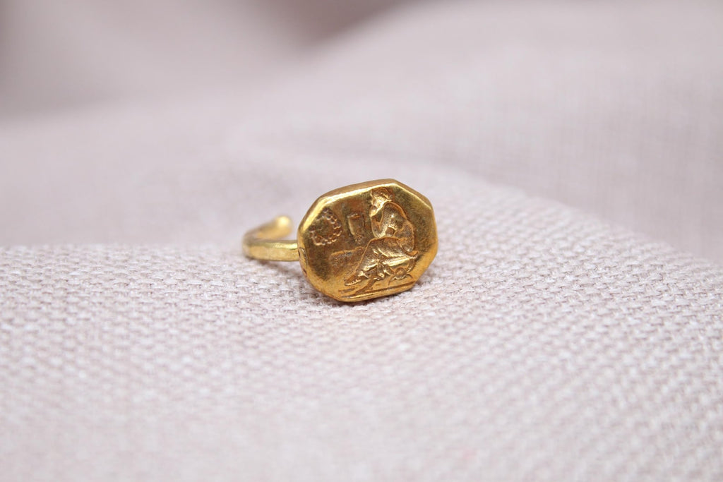 Helios Sun God Signet Ring 22k Gold Plated 925 Sterling Silver Handmade