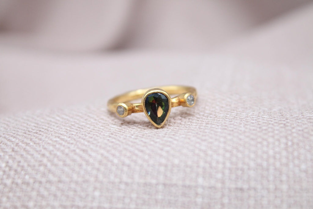 Mystic Topaz Pear Ring 22K Gold Plated 925 Sterling Silver Handmade Statement Ring