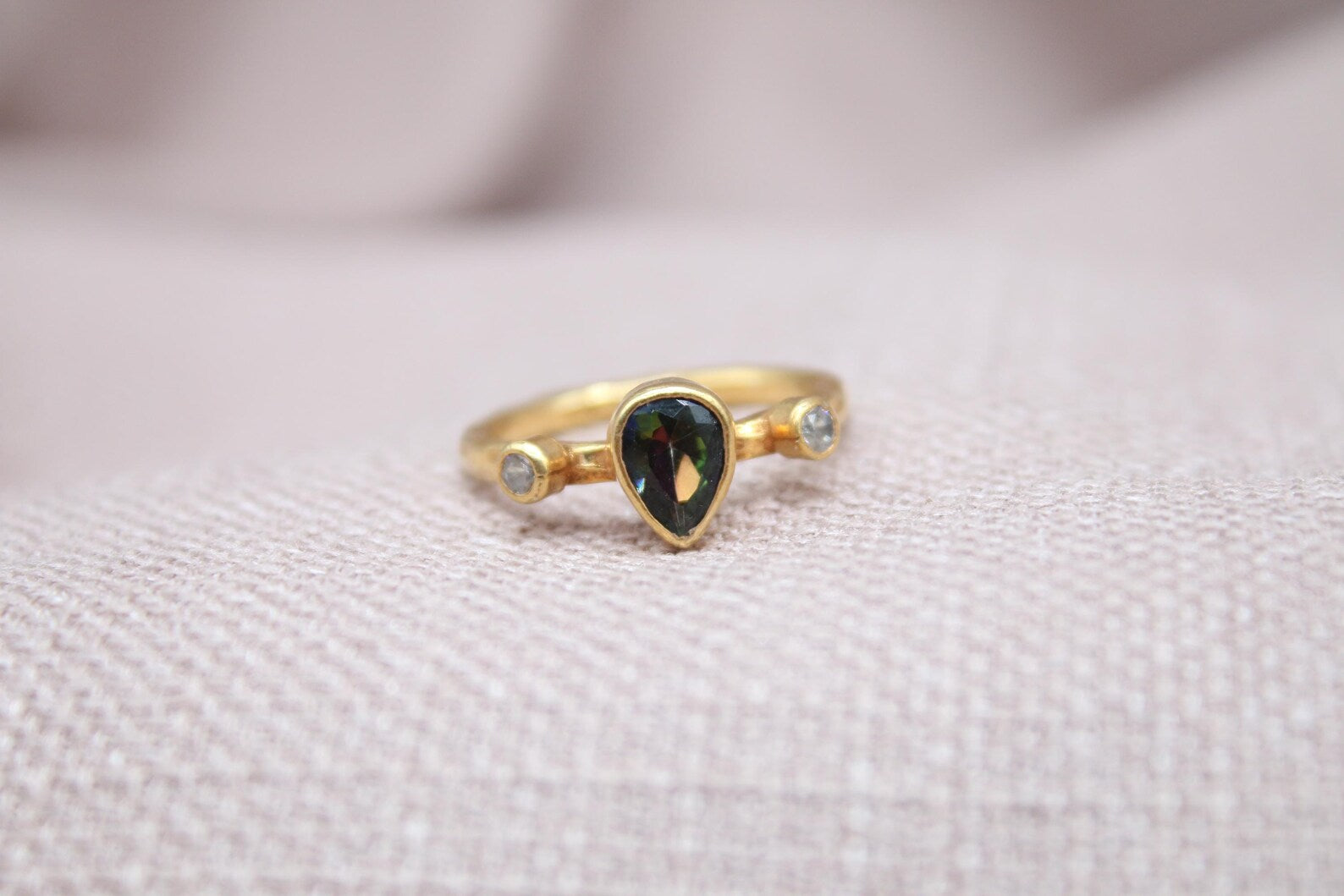 Mystic Topaz Pear Ring 22K Gold Plated 925 Sterling Silver Handmade Statement Ring