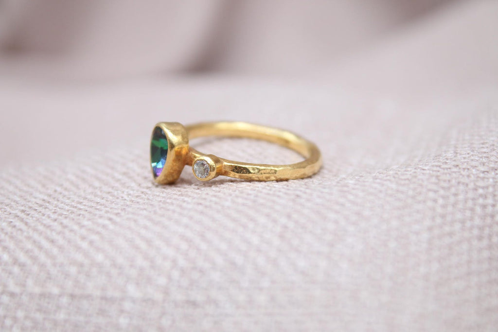 Mystic Topaz Pear Ring 22K Gold Plated 925 Sterling Silver Handmade Statement Ring