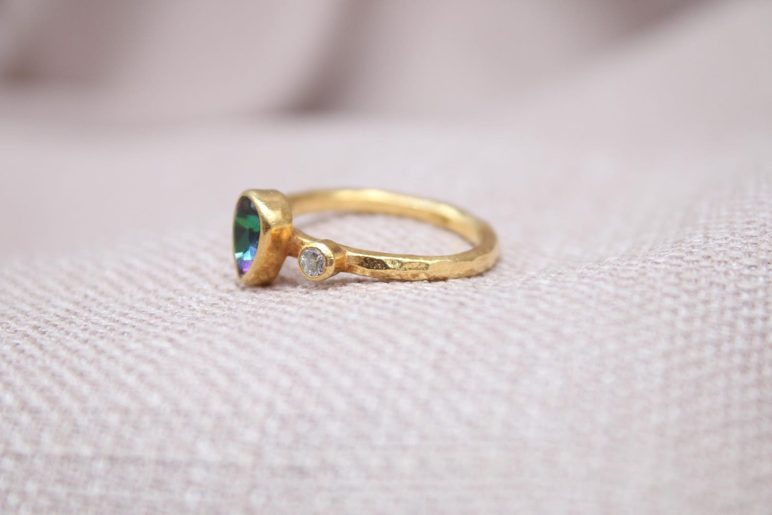 Mystic Topaz Pear Ring 22K Gold Plated 925 Sterling Silver Handmade Statement Ring
