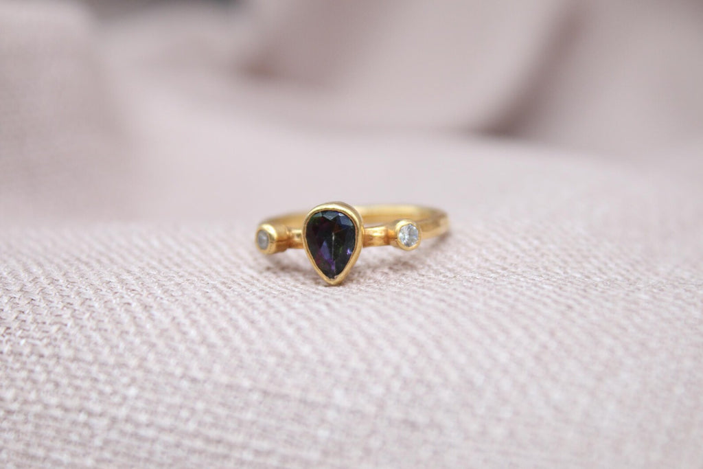 Mystic Topaz Pear Ring 22K Gold Plated 925 Sterling Silver Handmade Statement Ring