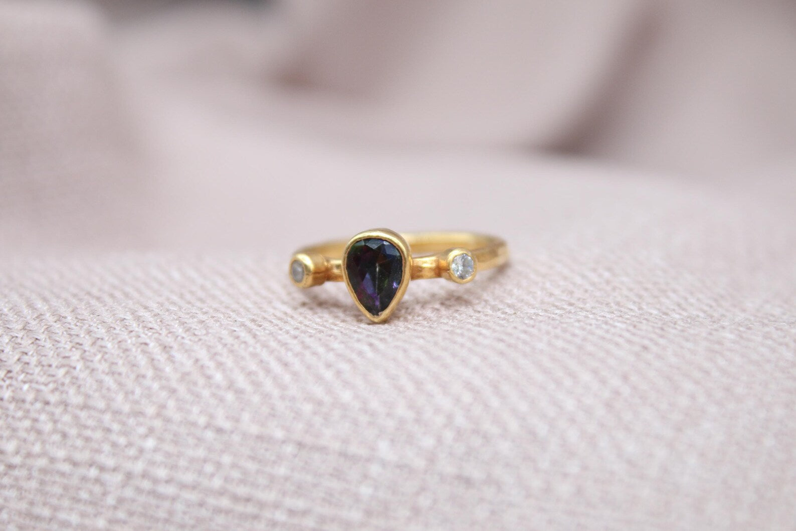 Mystic Topaz Pear Ring 22K Gold Plated 925 Sterling Silver Handmade Statement Ring
