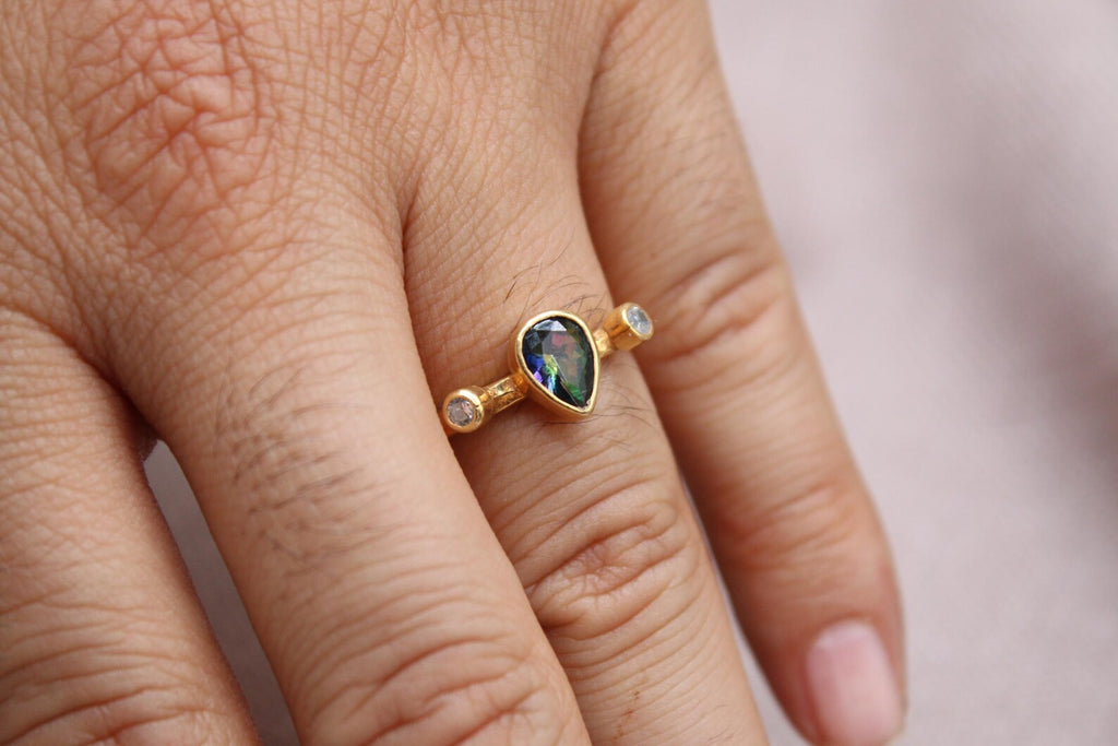 Mystic Topaz Pear Ring 22K Gold Plated 925 Sterling Silver Handmade Statement Ring