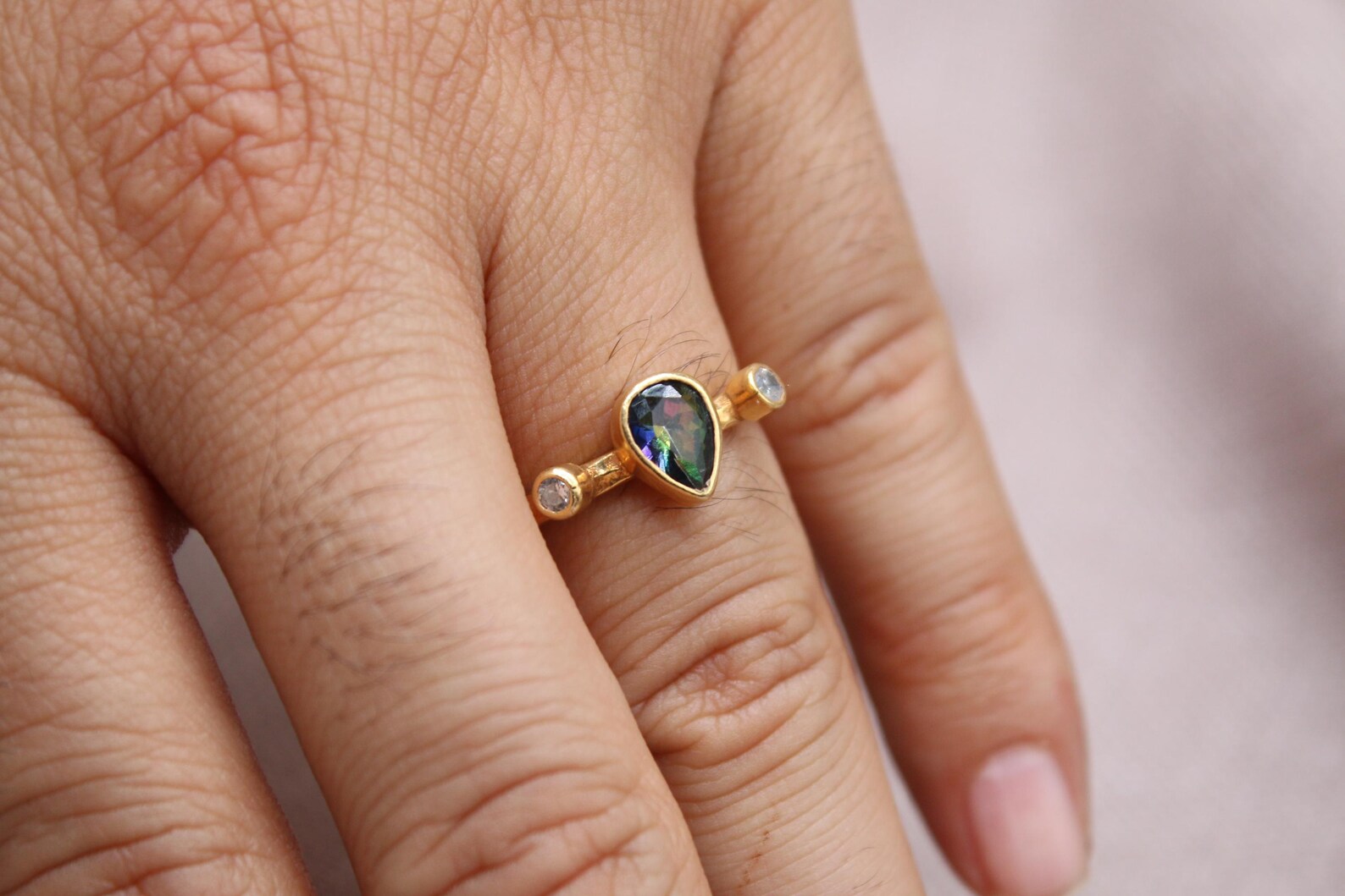 Mystic Topaz Pear Ring 22K Gold Plated 925 Sterling Silver Handmade Statement Ring
