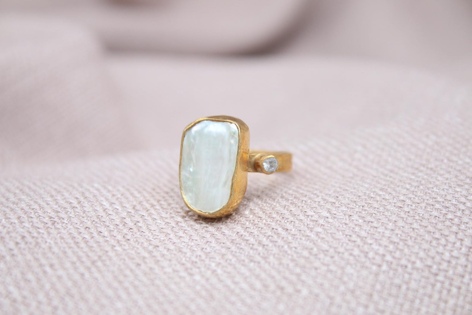Handmade Pearl Statement Ring 22K Gold Plated Sterling Silver Organic Pearl Ring