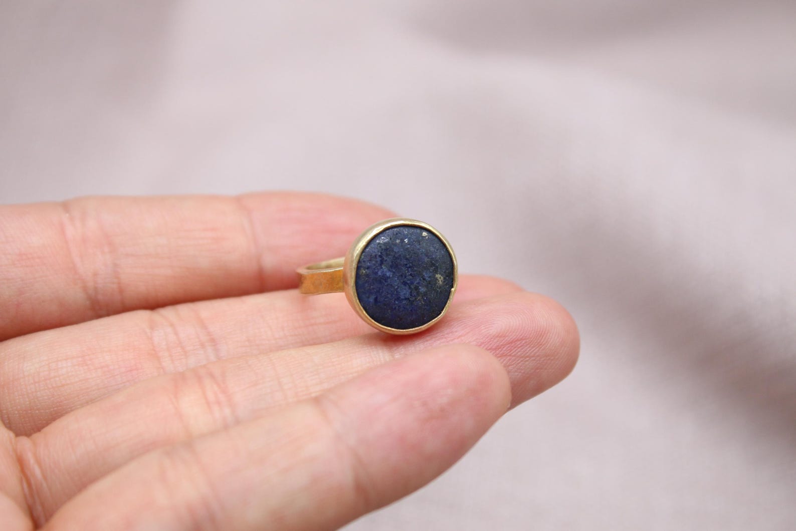 Lapis Lazuli Statement Ring Gold Plated Oval Stone Handmade Bold Jewelry