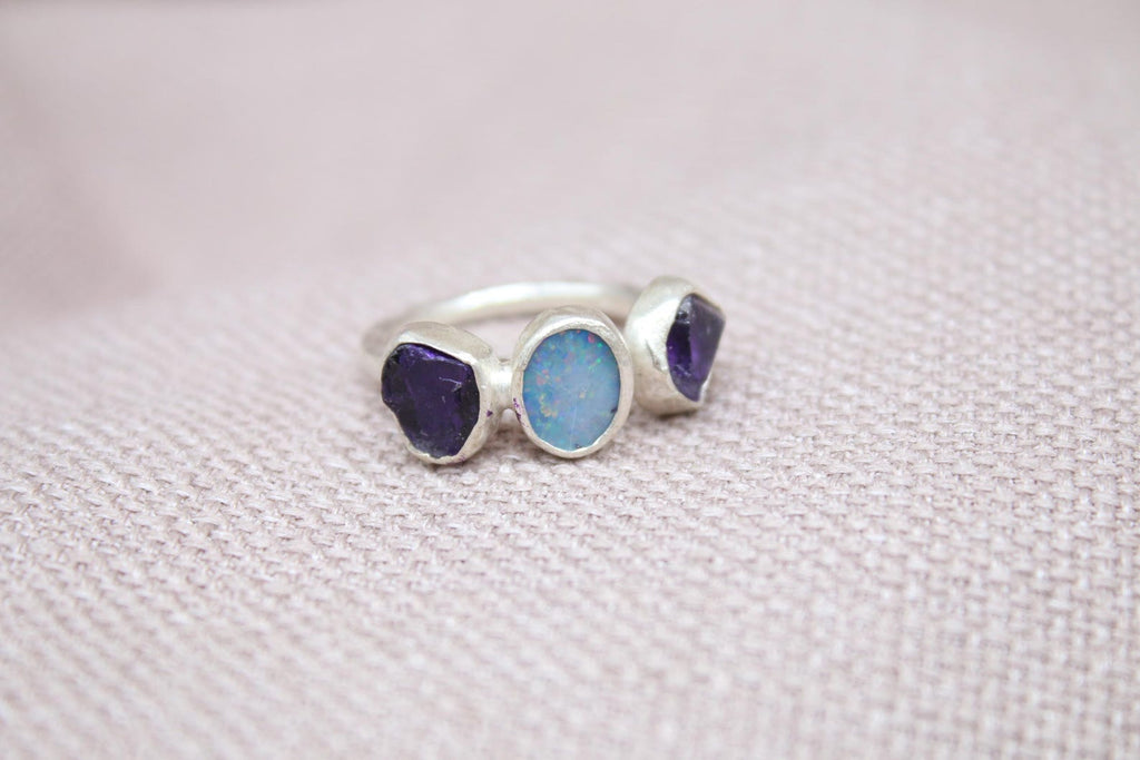 Handmade Opal & Raw Amethyst Ring Sterling Silver Triple Stone Statement Ring